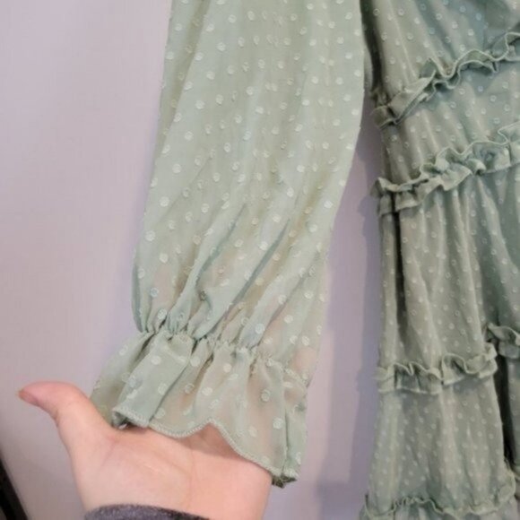 Shein Polka Dot Print Shirred Waist Layered Ruffle Hem Key hole Back Dress - Picture 6 of 10